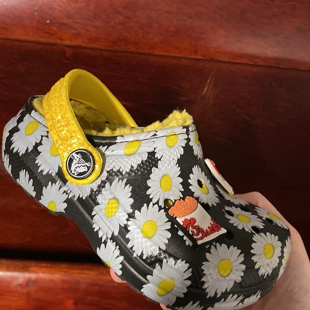 CROCS Yellow and Black Sandals with Floral Design